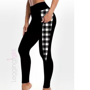 Solid Black with Black/White Plaid Pockets - Wide Band ButterSoft Leggings One S